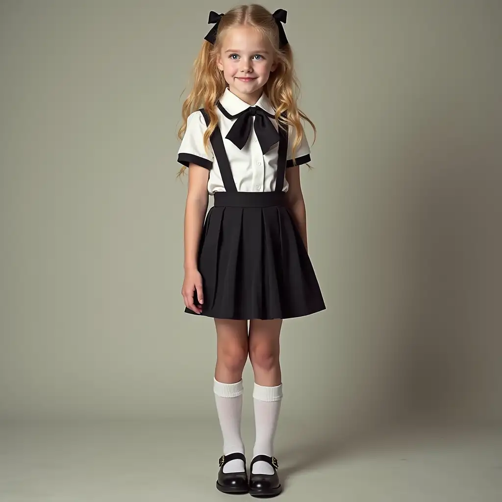 ((((Full-length portrait)))  cute adorable petite blonde girl, Jennifer Lawrence, catholic school uniform, short skirt, knee-high socks, Maryjane shoes)