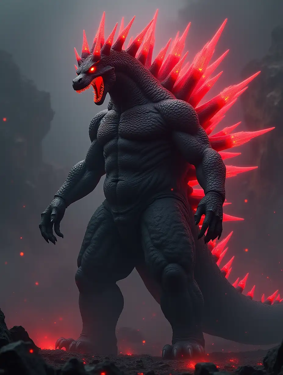 A kaiju, God of Chaos, Draconic body appearance,Şark grey/Black skin/scales,Neon red glowing Godzilla type dorsal spikes features but only dorsal spikes not the entire body