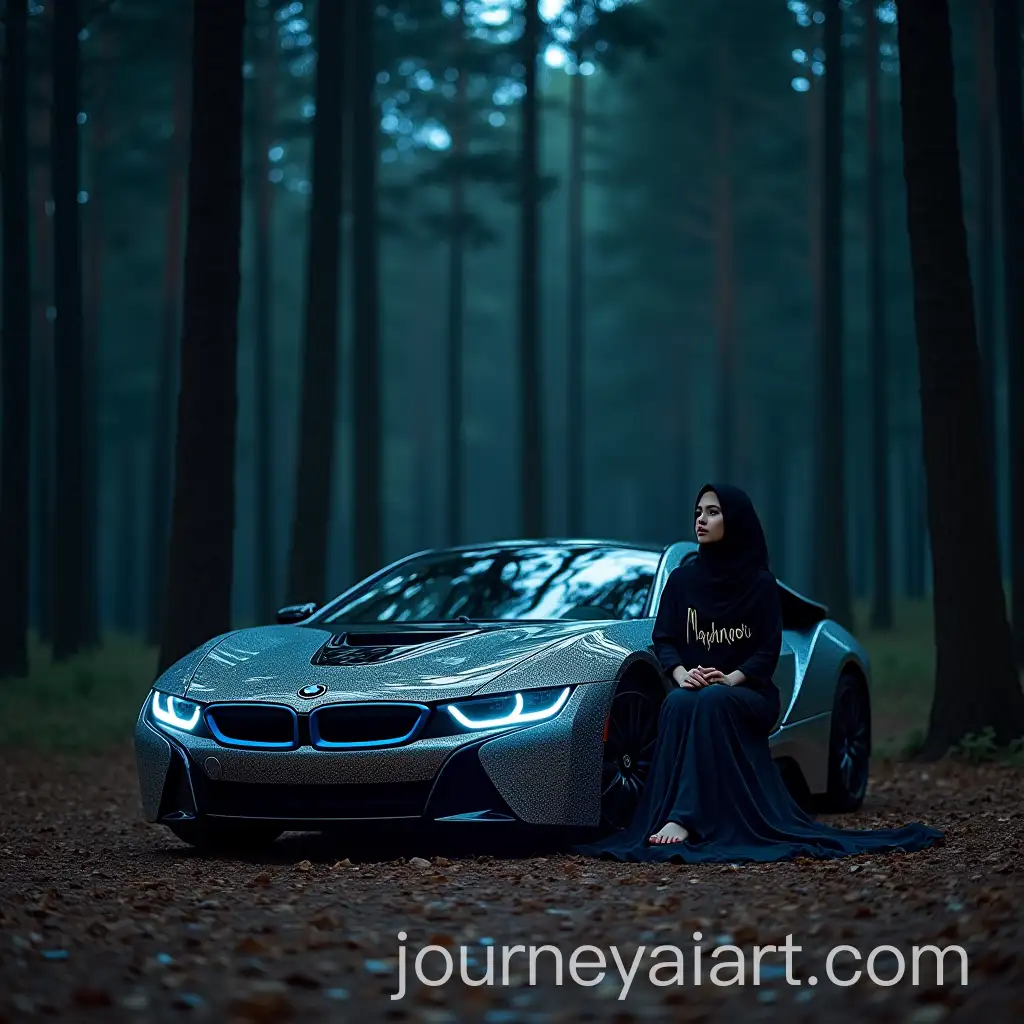 Muslim-Girl-in-Abaya-Beside-BMW-i8-Liberty-Walk-in-Serene-Forest-at-Night
