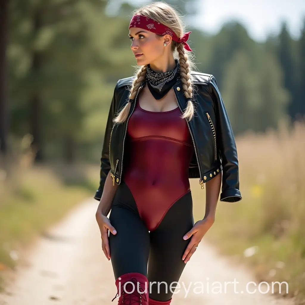Fitness-Girl-Posing-Outdoors-in-Wine-Red-Leotard-and-Black-Leather-Jacket