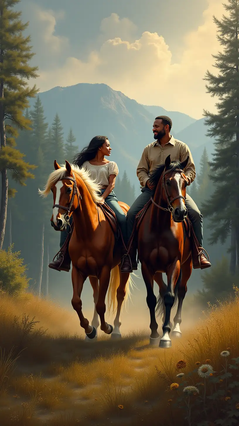 Dynamic Baroque Painting of a Father and Daughter Riding Horses in Blue Ridge Mountains