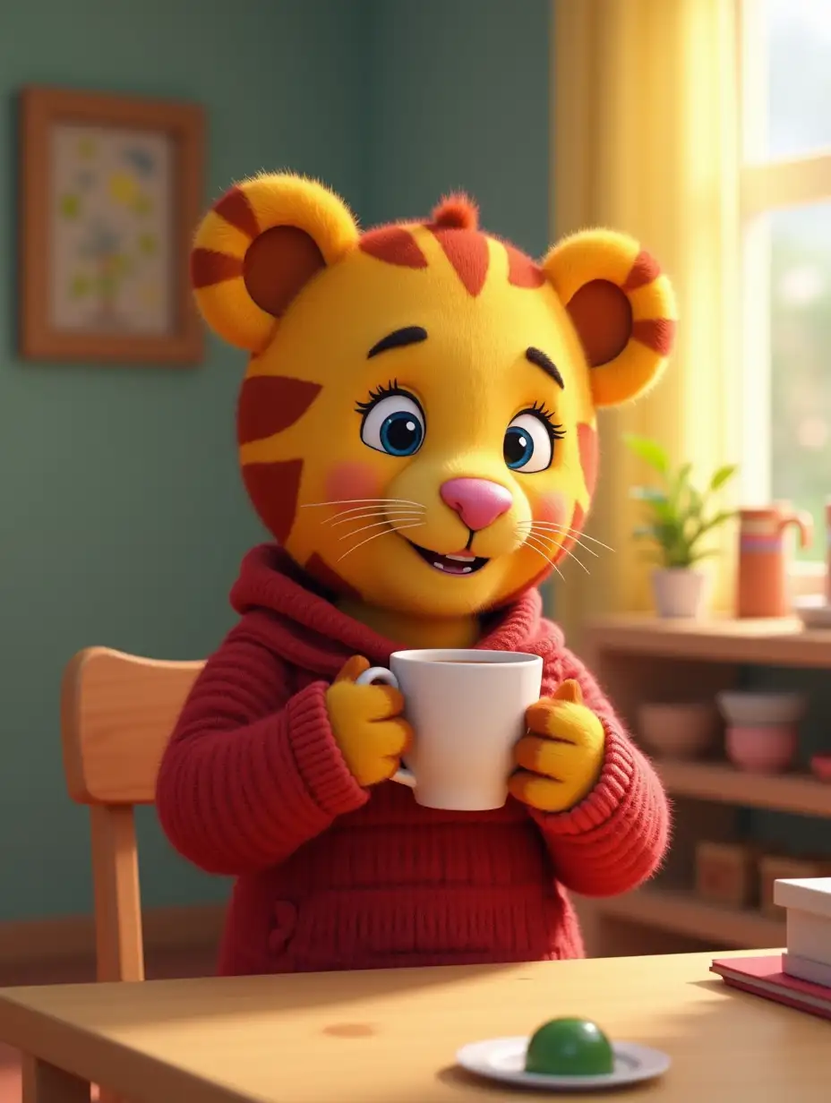 the teacher from daniel tiger's neighborhood in the preschool classroom having a cup of tea