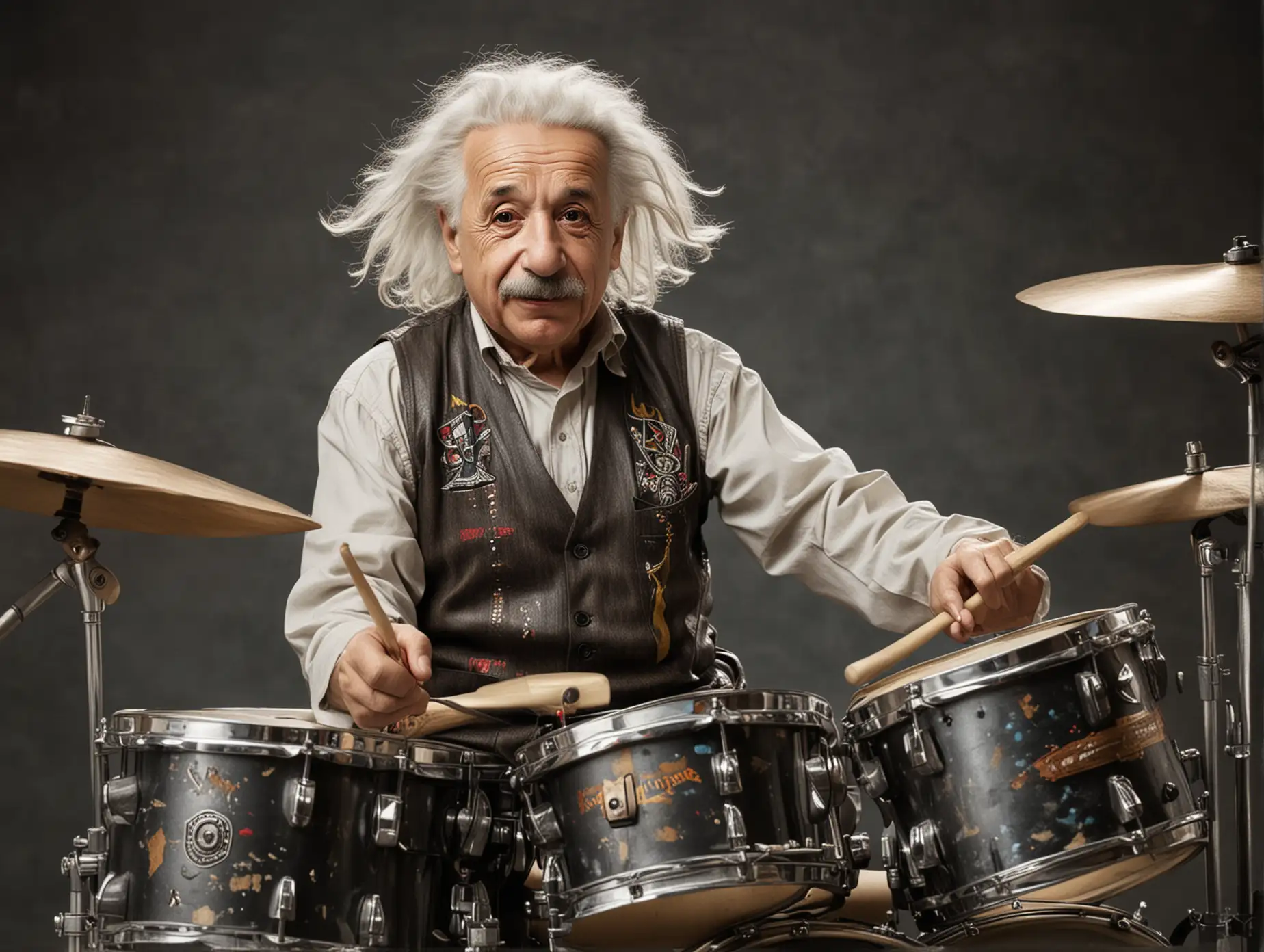 Albert-Einstein-Playing-Drums-in-Rocker-Musician-Attire