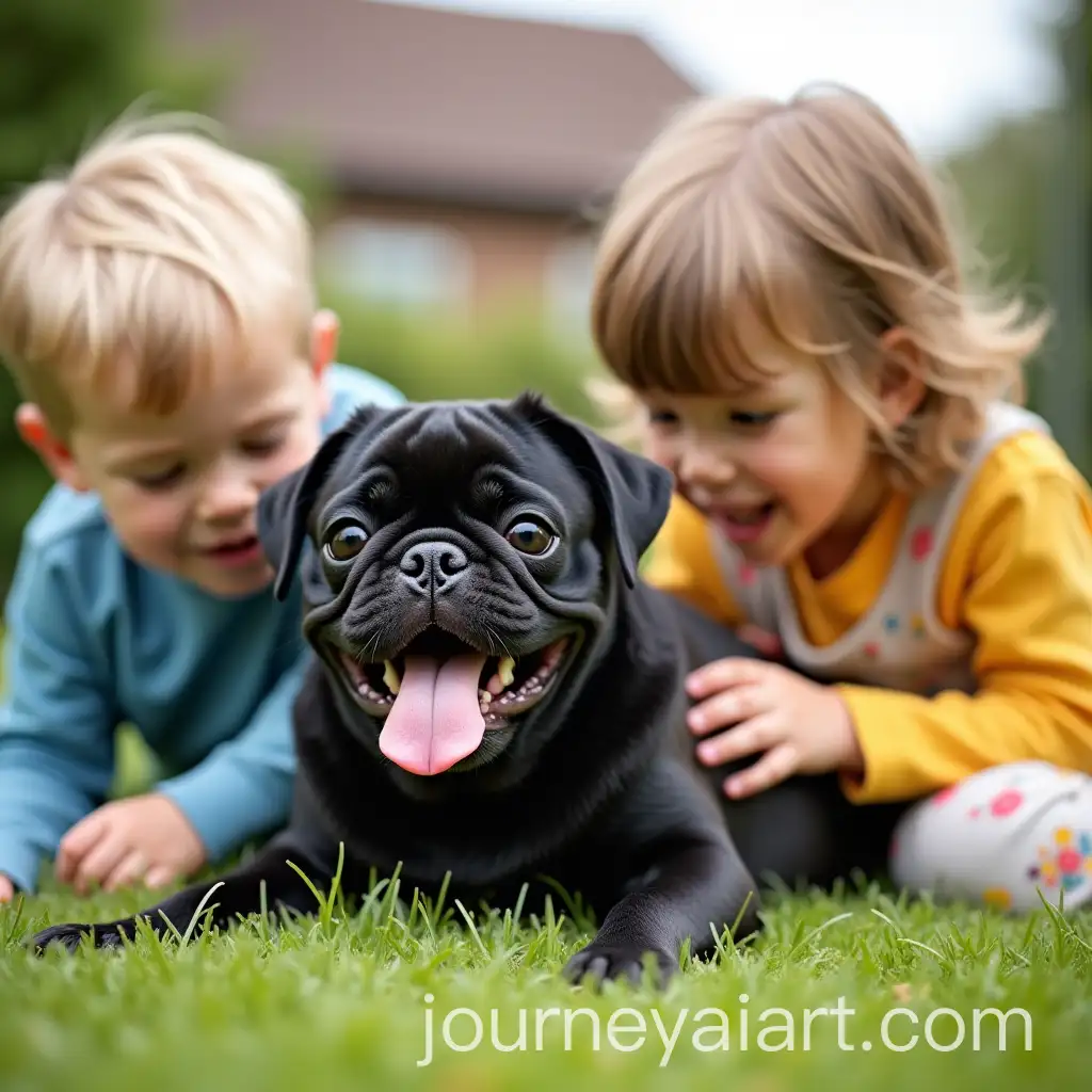 Black-Pug-Playing-with-Children-in-Garden
