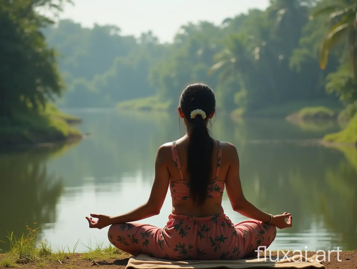 Create an image of a woman from Kerala in a Gor kneeling position. her hands are placed gently on her thighs. The background features a serene Kerala landscape with lush greenery and a calm water body, reflecting a peaceful atmosphere.