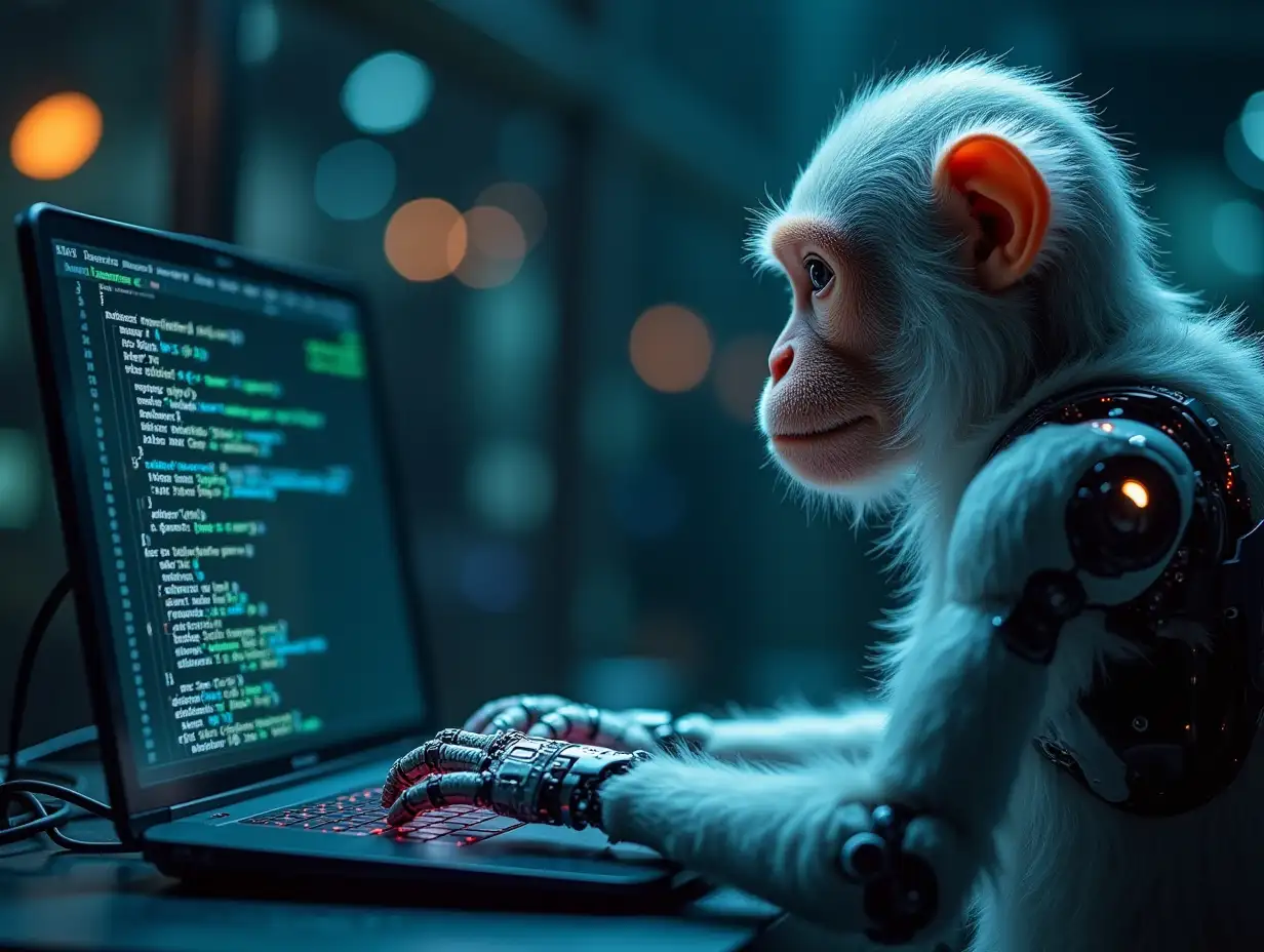 A morphing transition between a coding monkey into a robotic ai system. Realistic.