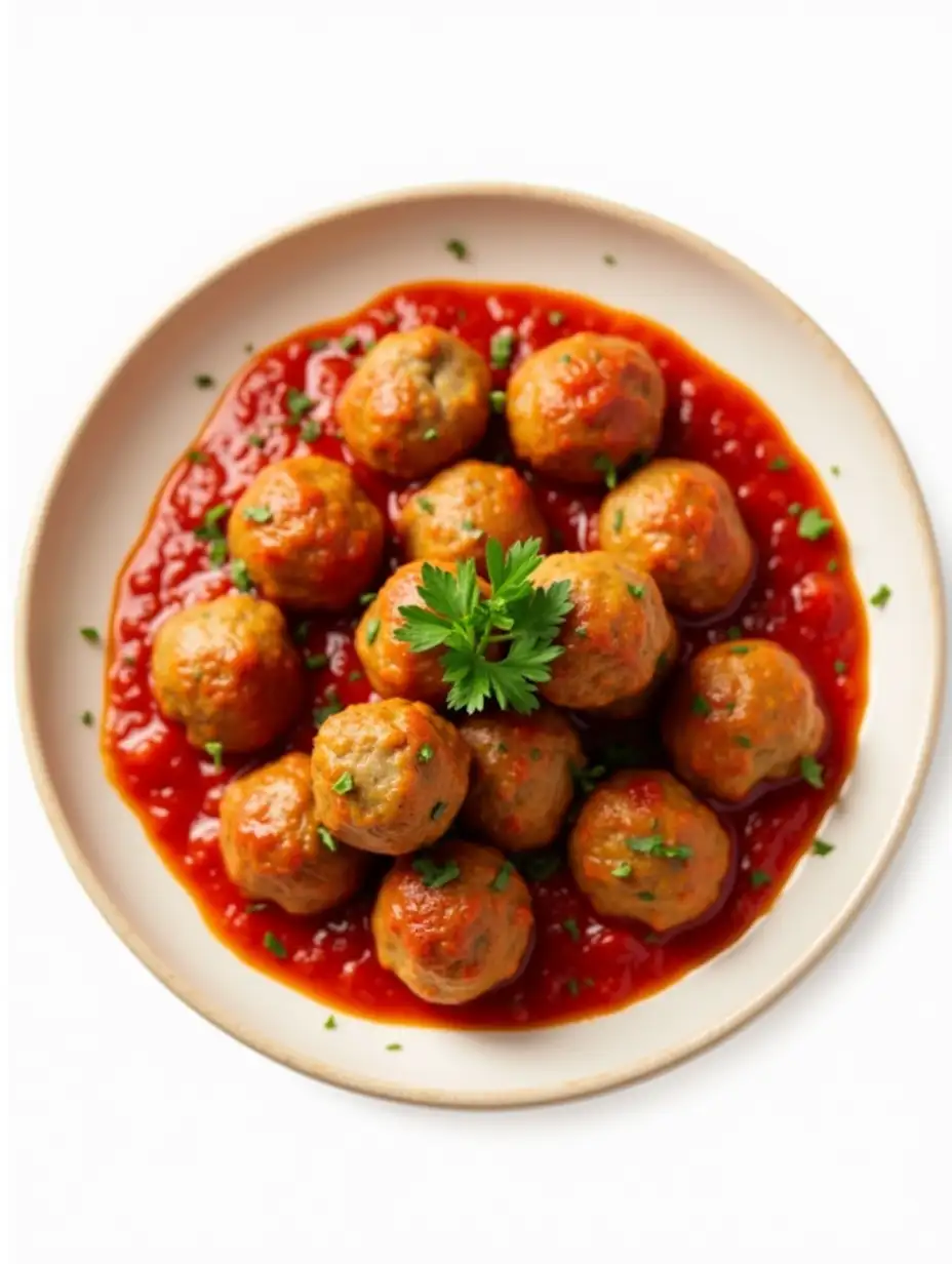 Plate-of-18-GoldenBrown-Meatballs-in-Rich-Tomato-Sauce-with-Parsley-Garnish