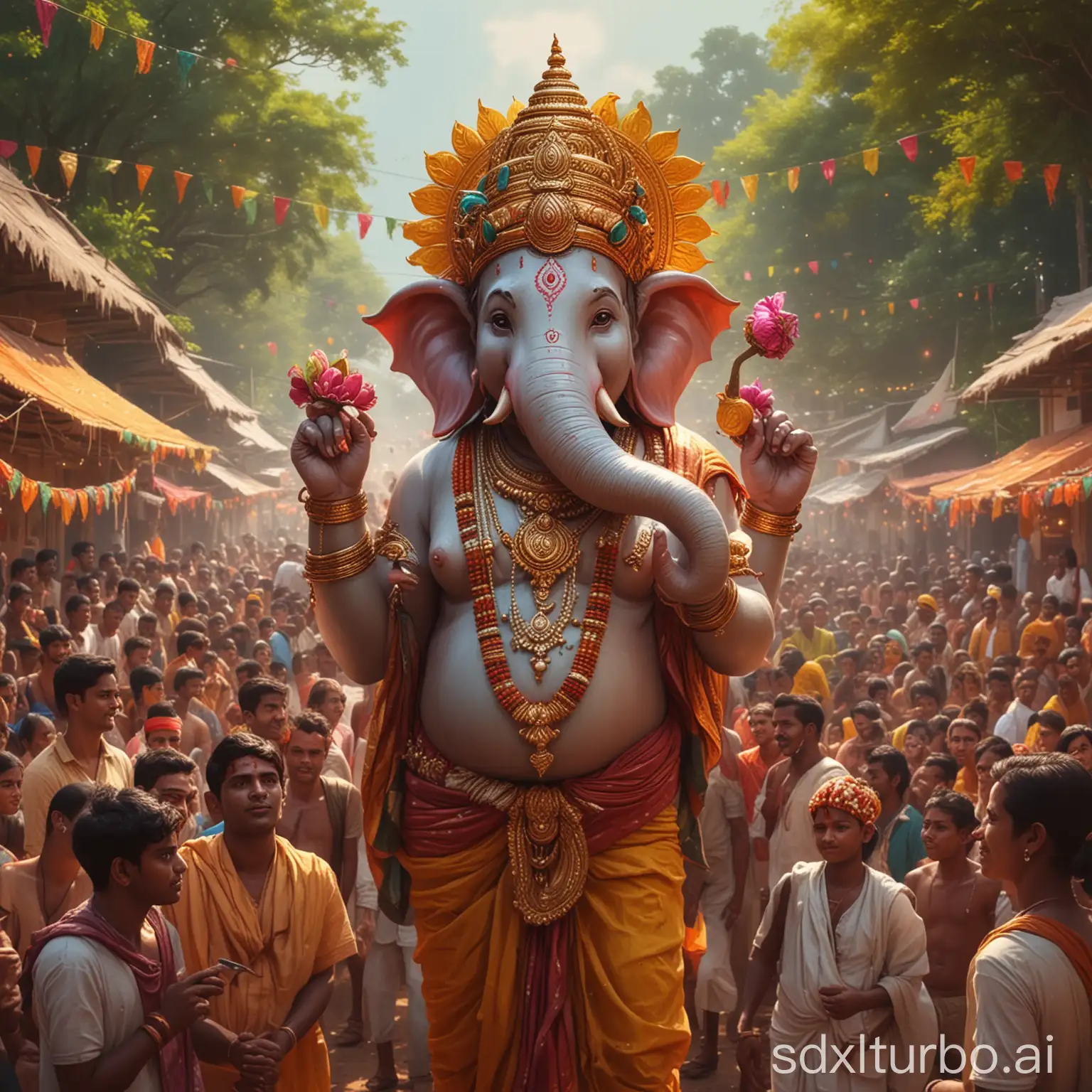 a high quality digital painting of Lord Ganesh coming to Pedaravuru village for his devotees, Ganesh Chaturthi, colorful, festive, traditional Indian art style, vibrant colors, detailed decorations, sacred atmosphere, cultural celebration, front view, group of people, religious festival, 4k render