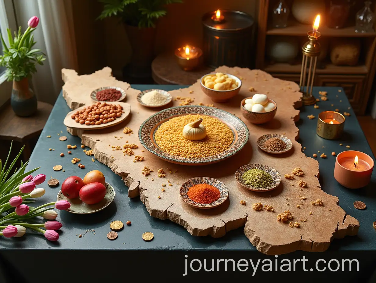 Nowruz-HaftSeen-Table-on-a-Stone-Map-of-Iran-with-Symbolic-Items-and-Floral-Decorations