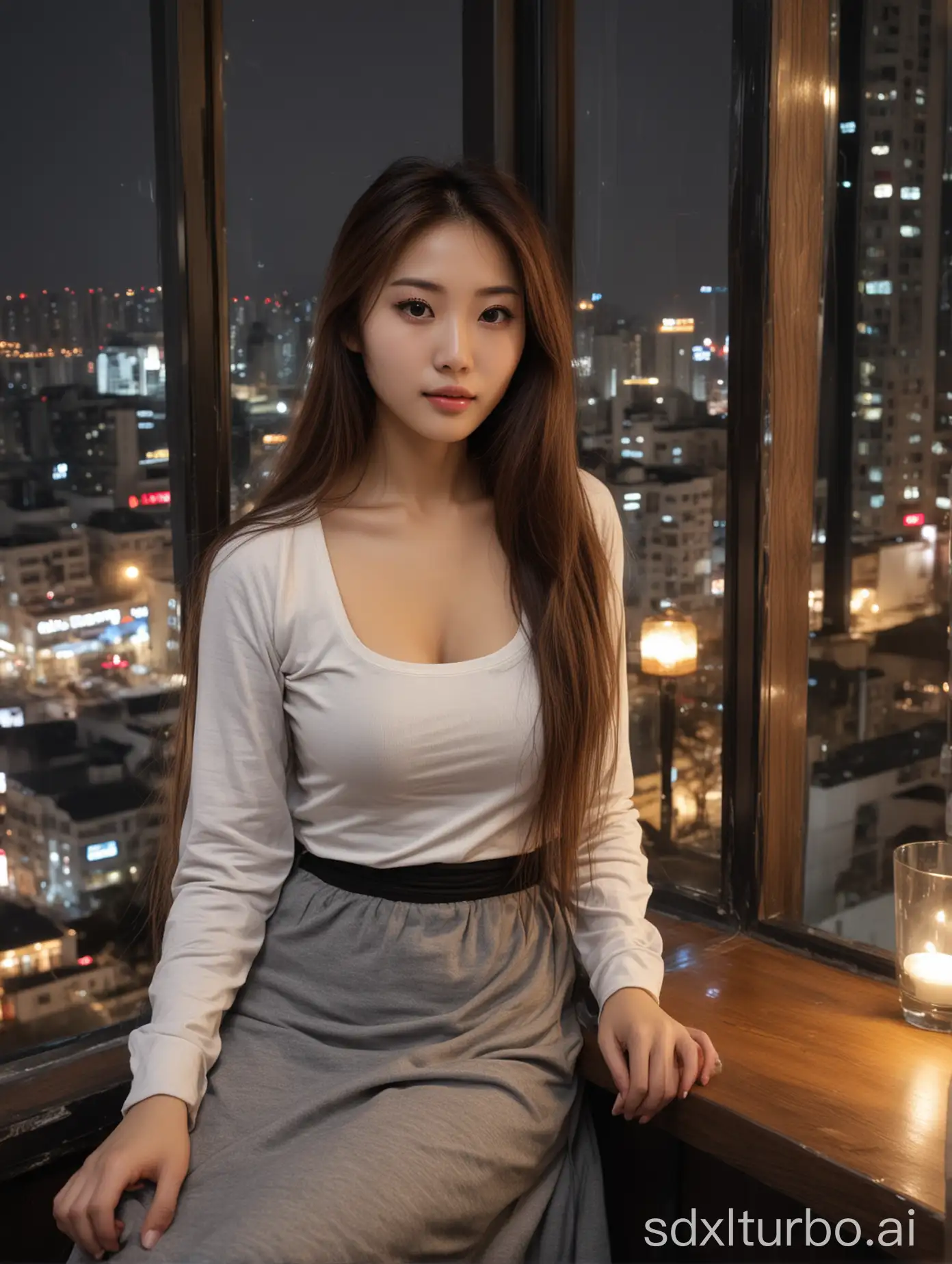 Chinese-Woman-in-Gray-TShirt-and-Long-Skirt-Sitting-in-HighRise-Restaurant-Window-at-Night