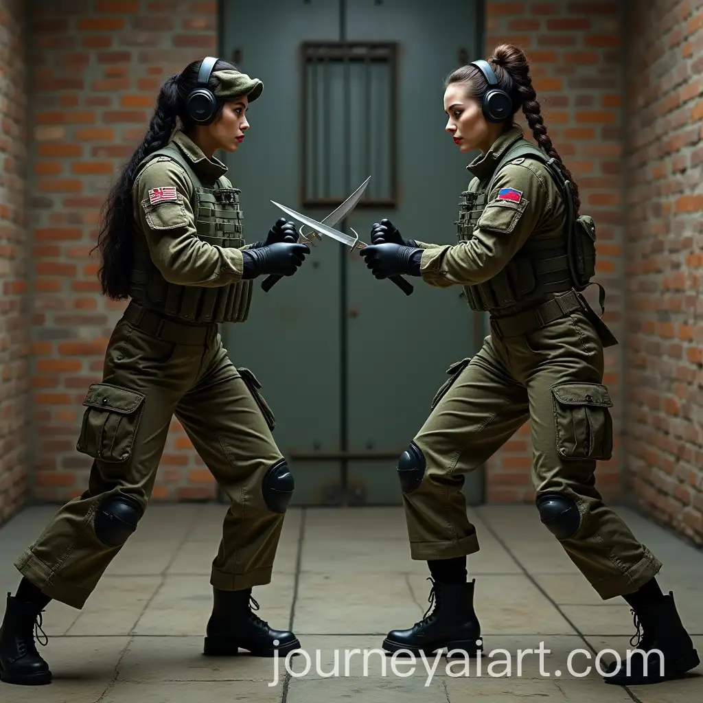 Angry-Female-Soldiers-in-Combat-Stance-with-Daggers-in-Underground-Bunker