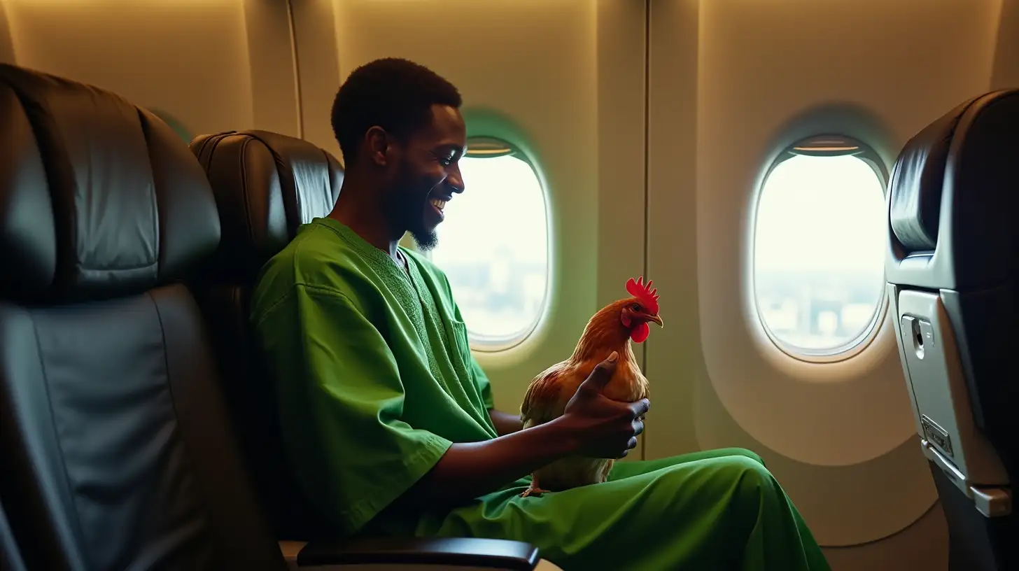 African Man in Green African Outfit Seated in Airplane Holding Chicken