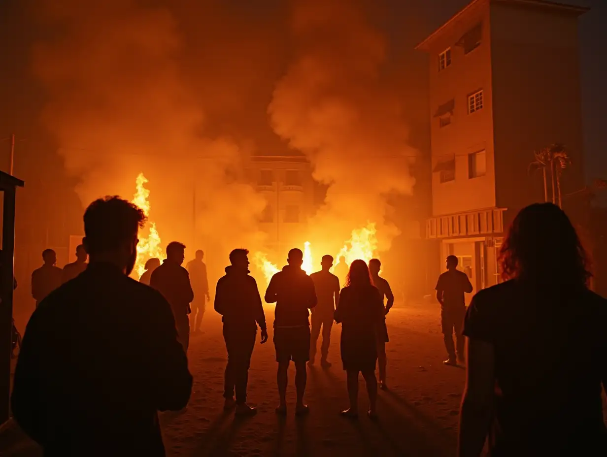 an apartment on fire in Egypt and people are cheerful near it