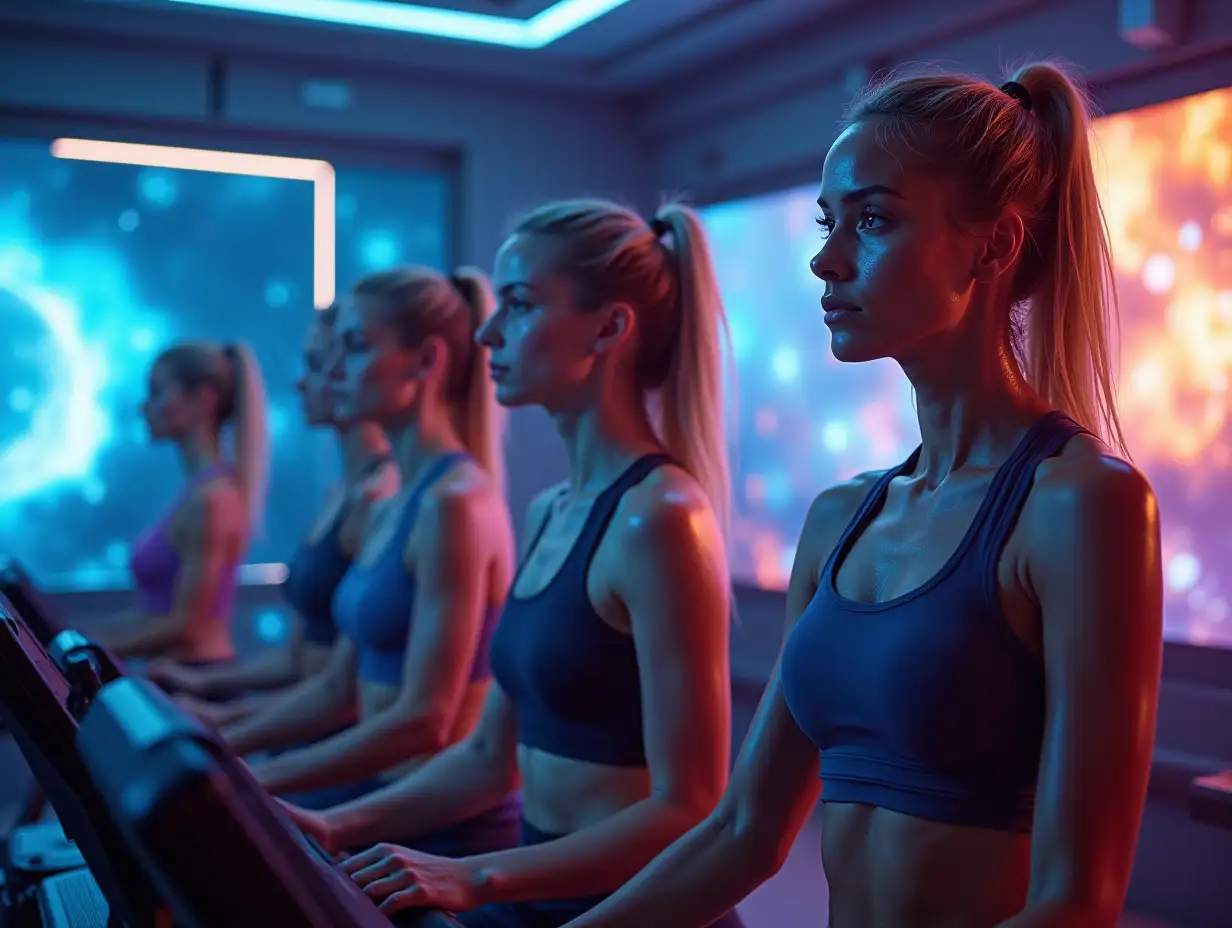 Young-Athletic-Women-Exercising-in-Futuristic-Space-Fitness-Club-with-Holographic-Screens-and-NeonLit-Equipment