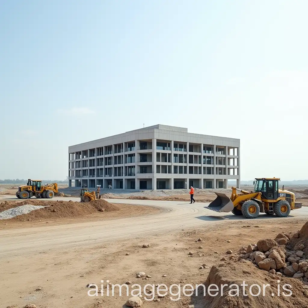 Construction-of-an-Administrative-Building-with-Workers-and-Machinery-on-Empty-Land