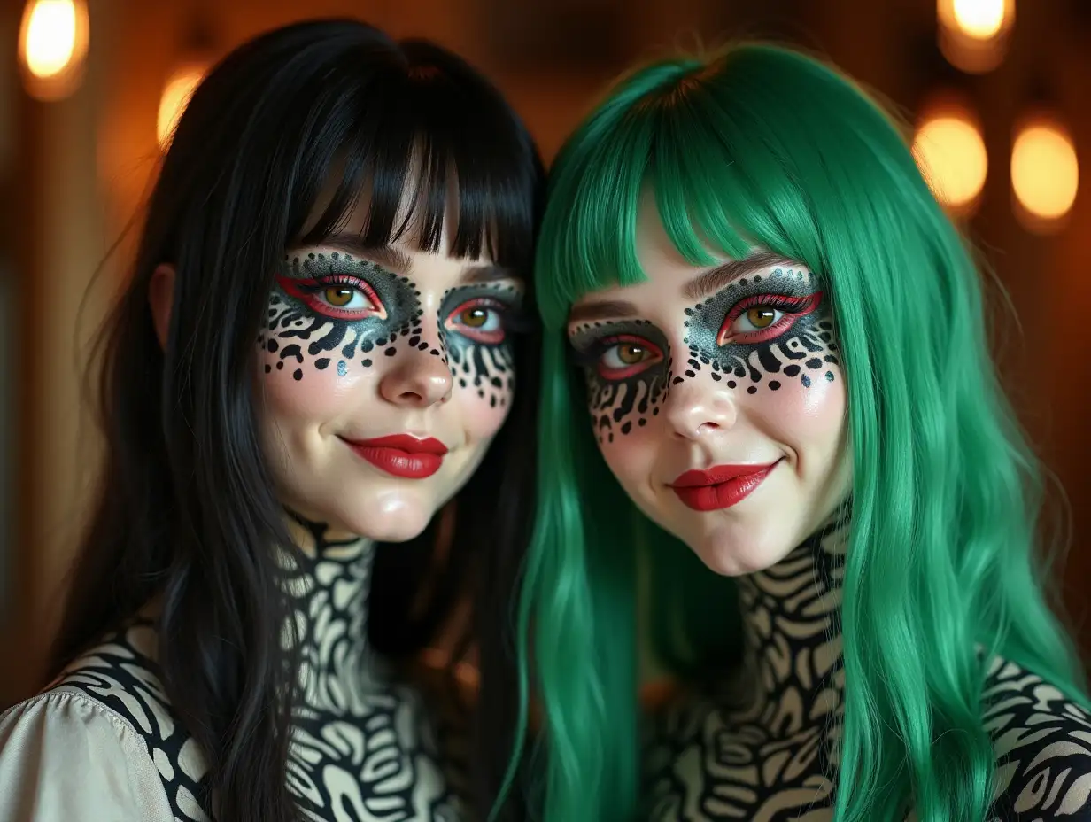 Two young black and white patternednGirls with Alien face,withngreen hair, with a lightnsmile on their faces, emphasizingntheir smile, modern retronjewelry, in a temple with much goldndifferent shades 4k