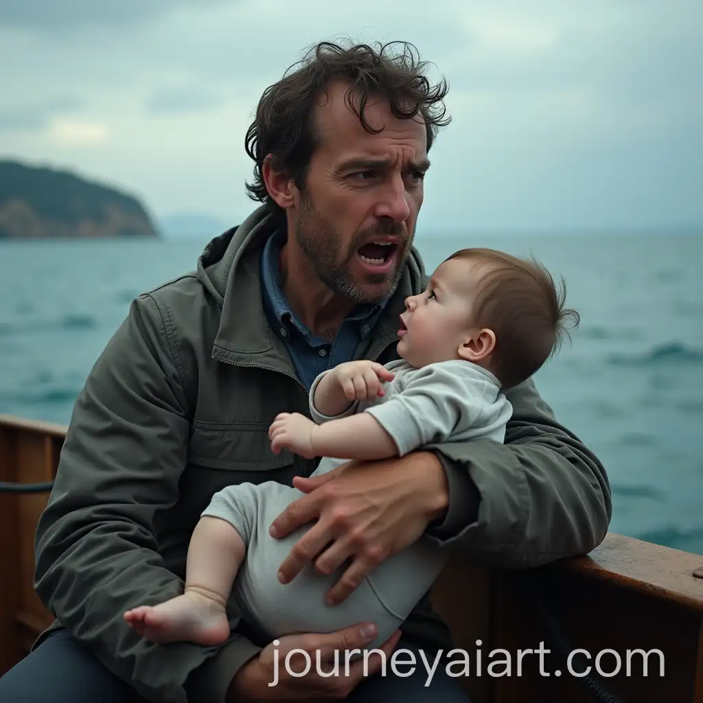 Terrified-Father-Holding-Baby-on-a-Small-Boat