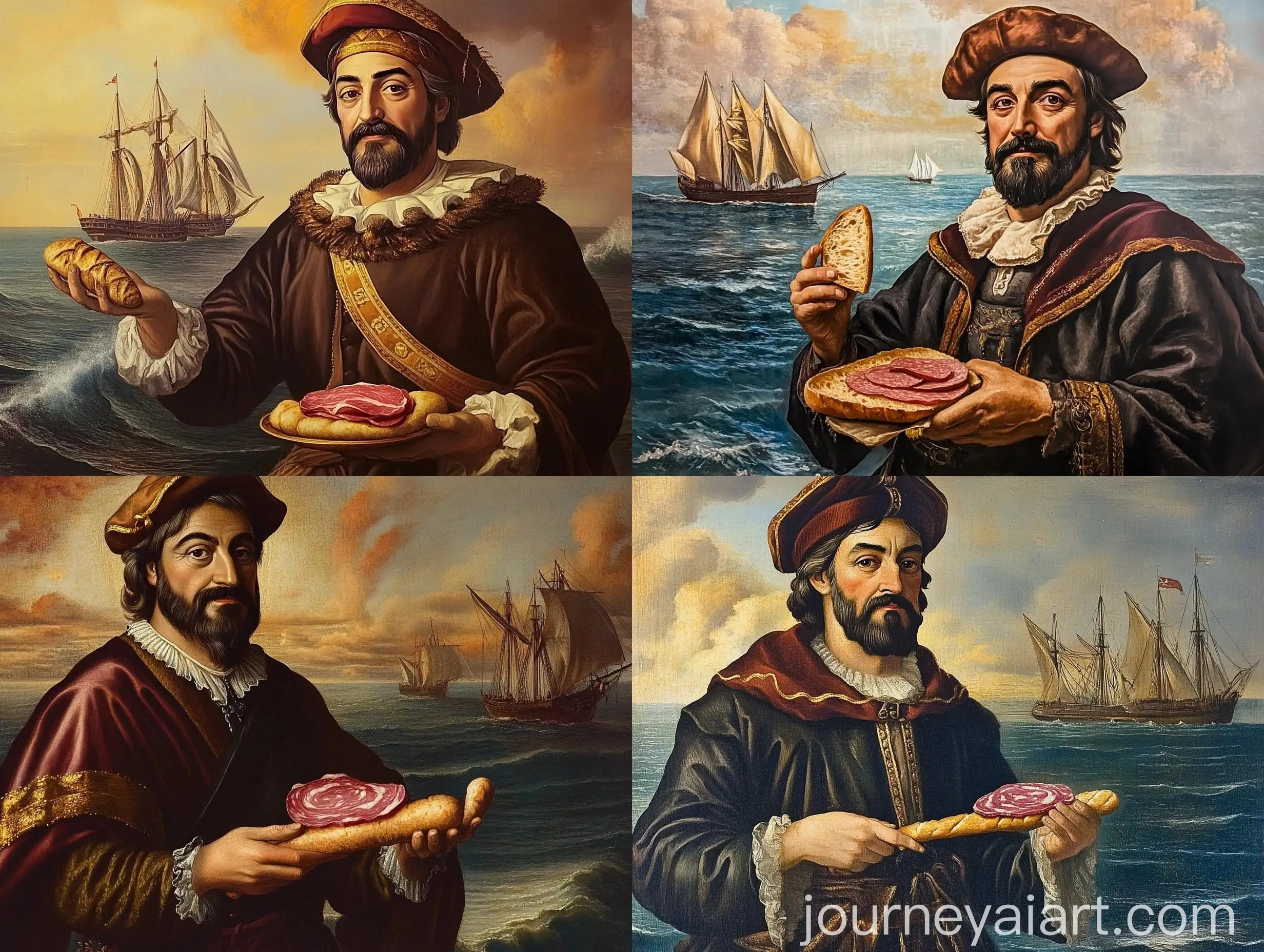 Christopher-Columbus-Holding-Breadstick-with-Sea-and-Caravels
