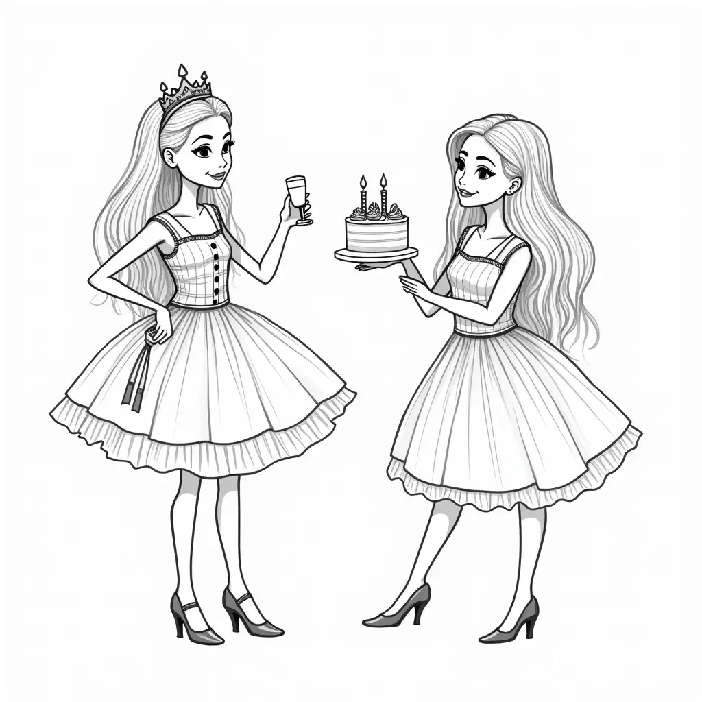 Black-and-White-Illustration-of-Barbie-at-a-Friends-Birthday-Party