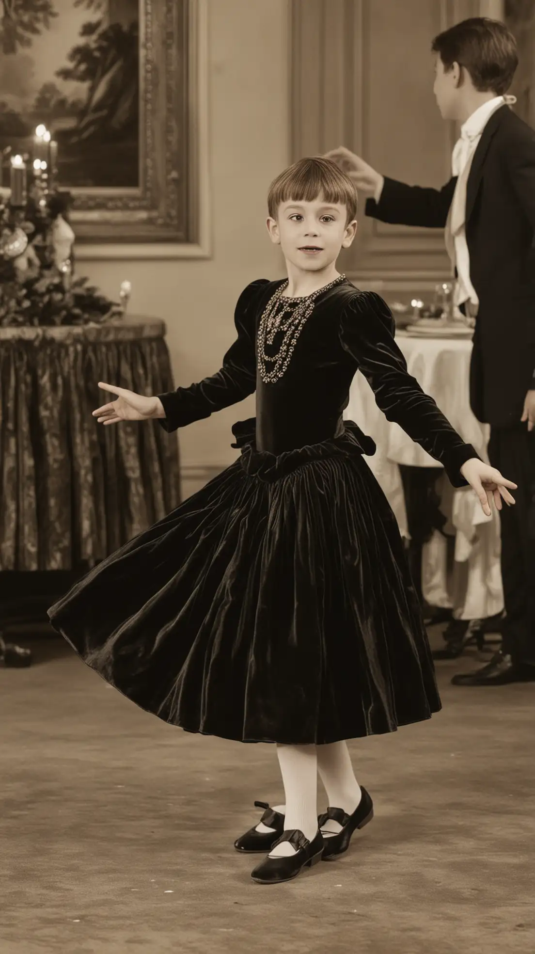 8 year old boy in wide-skirted velvet dress dancing at a party