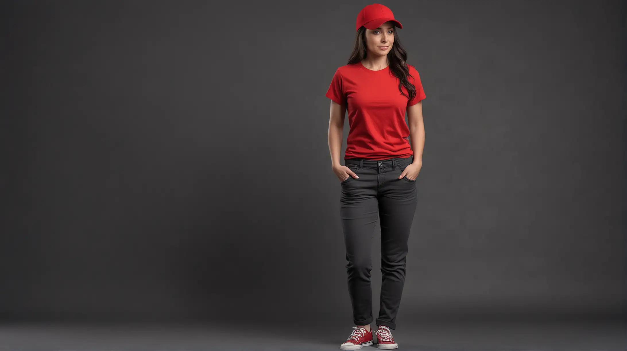 Brunette Woman in Red TShirt and Baseball Cap on Dark Gray Background