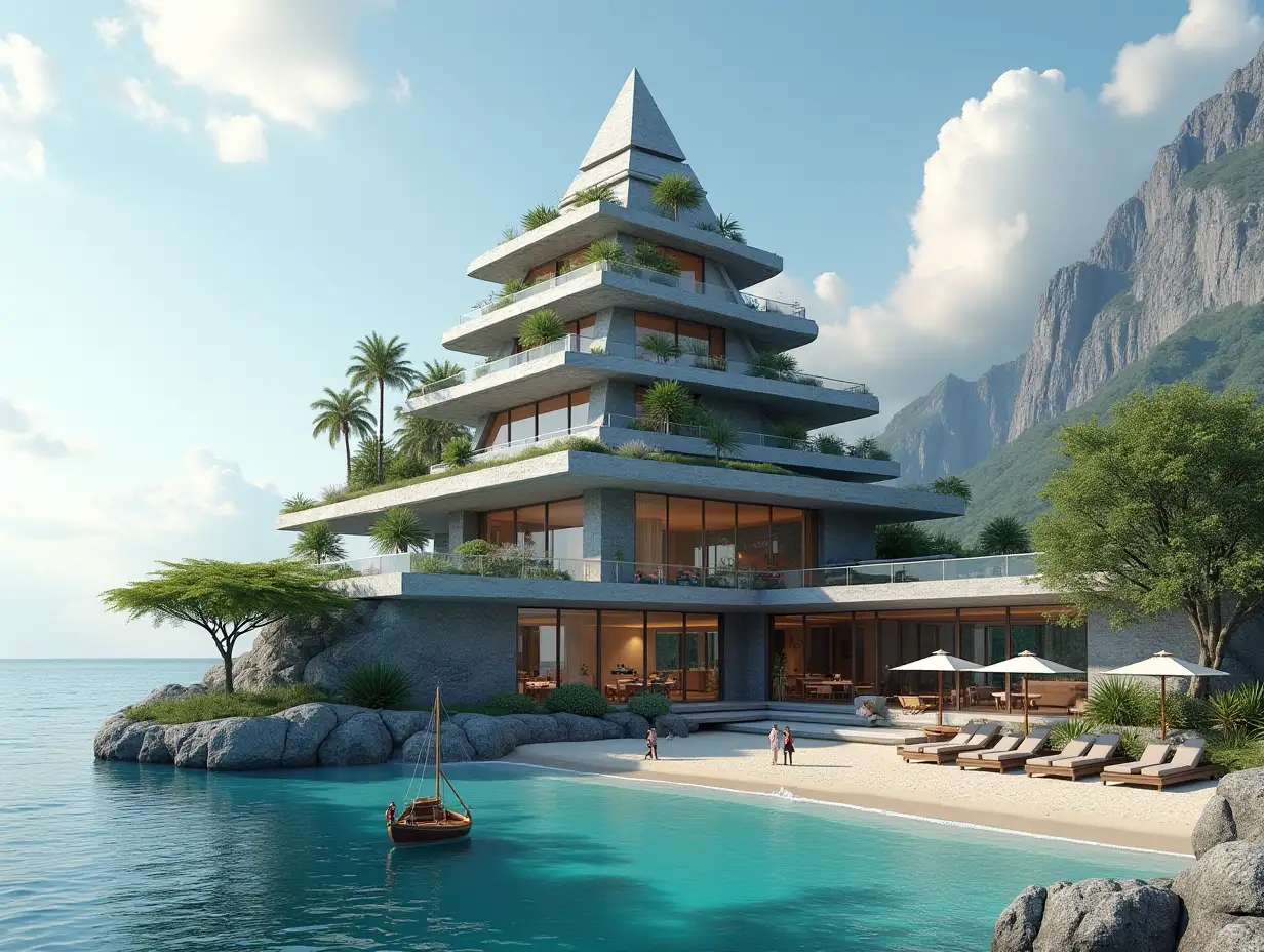 Create a high-resolution, realistic panorama image of a futuristic terrace building with window pyramid house with bridge, a yacht and a small boat beach with people, many plants and grey and brown facades with sea with waves, large trees, black clouds