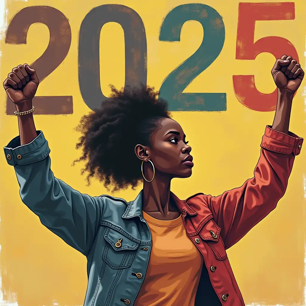 Empowering Black Woman Crossing Over from 2024 to 2025 with Raised Fists