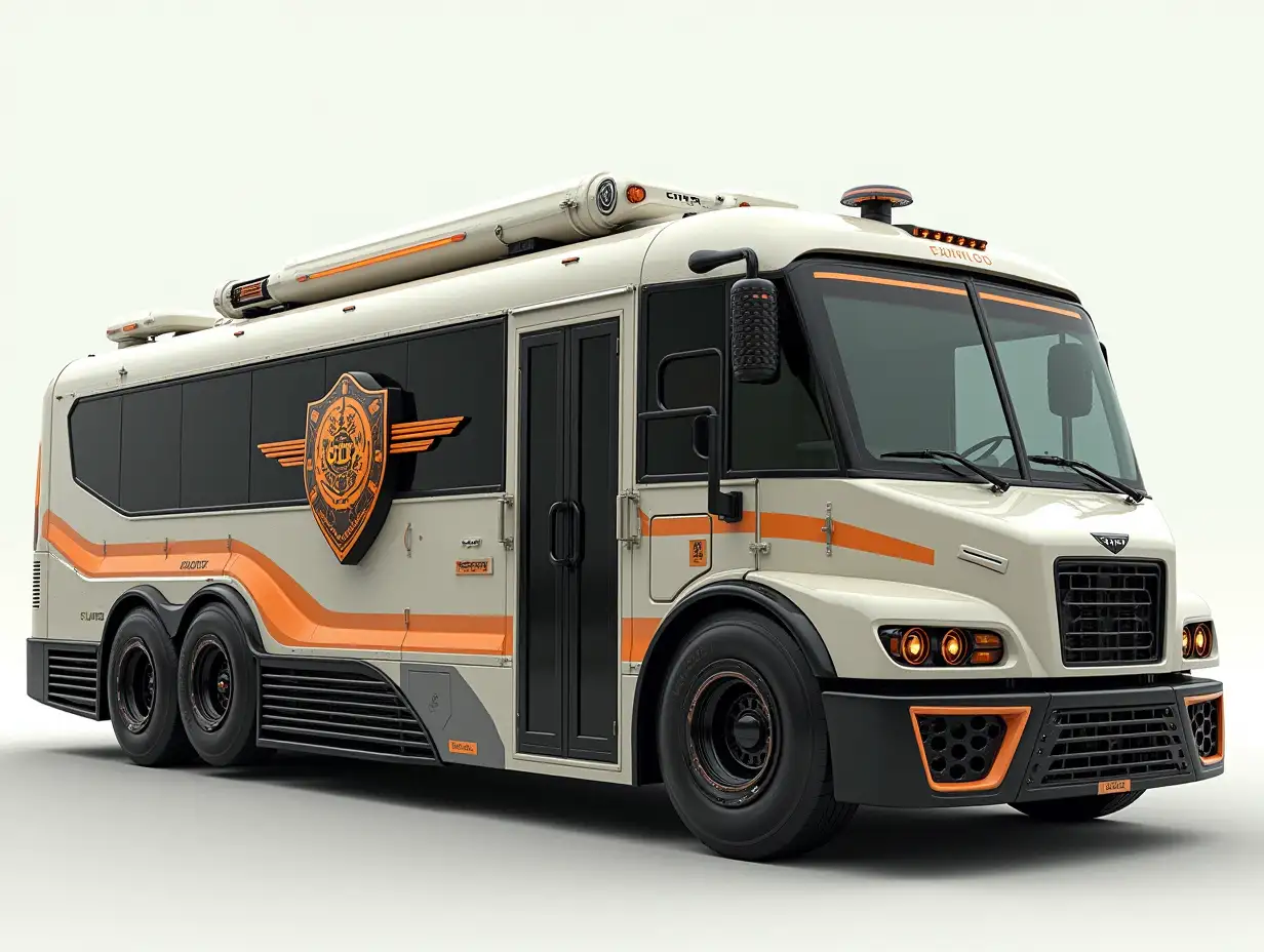 Supermodern utopian armed Sport Bus with a shield with the name CITA, orange stripes on the side with gears, deep-set bodywork, 18-inch wheels, aluminum rims, cream silver black Cyberpunk.