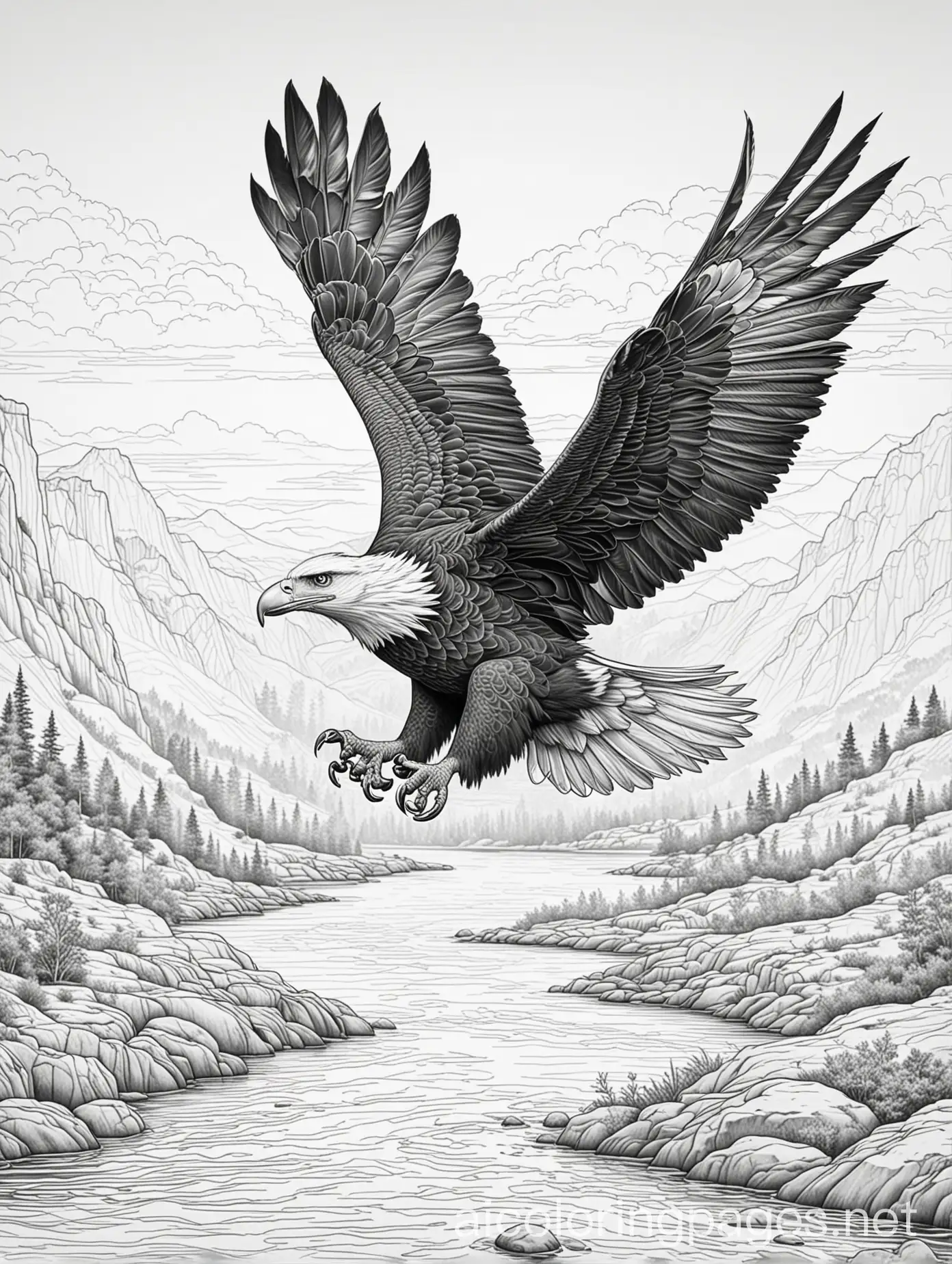 Eagle flying over river, Coloring Page, black and white, line art, white background, Simplicity, Ample White Space. The background of the coloring page is plain white to make it easy for young children to color within the lines. The outlines of all the subjects are easy to distinguish, making it simple for kids to color without too much difficulty