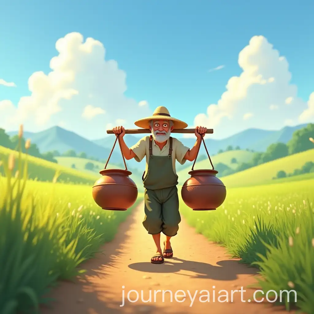 Elderly-Farmer-Walking-Through-Countryside-with-Two-Pots-One-Cracked