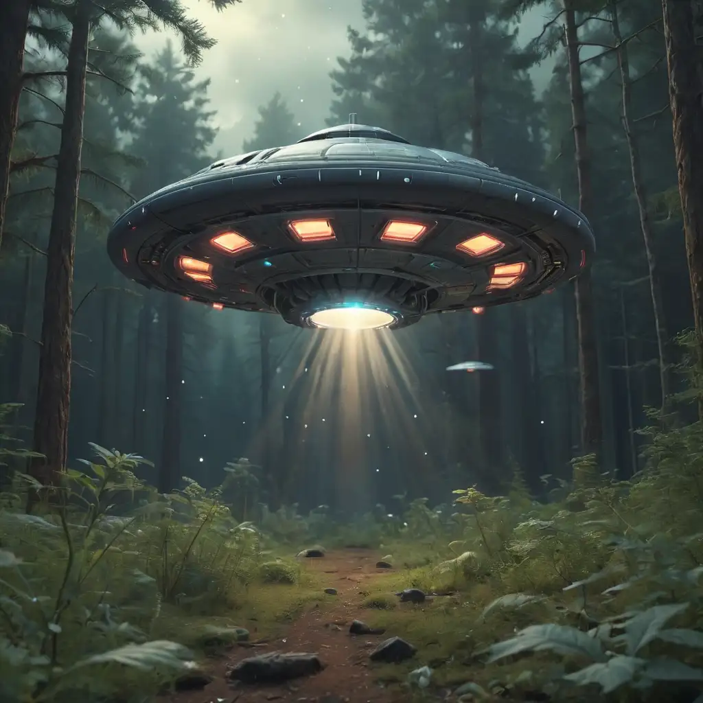 UFO-Abducts-from-Forest-in-3D-on-Cosmos-Background