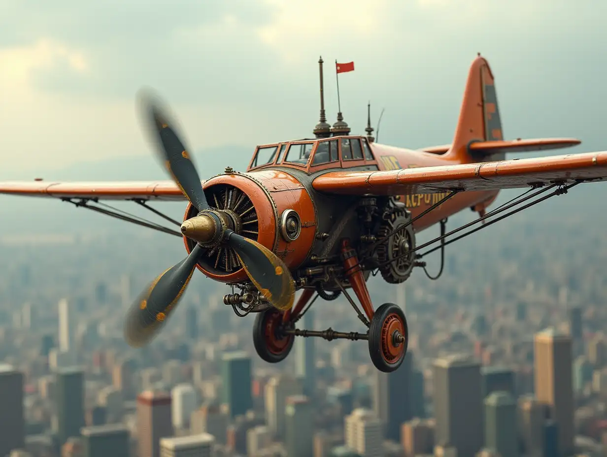 A detailed Steampunk style flying machine with propeller gears steam powered. Flight over a city Premium Picture