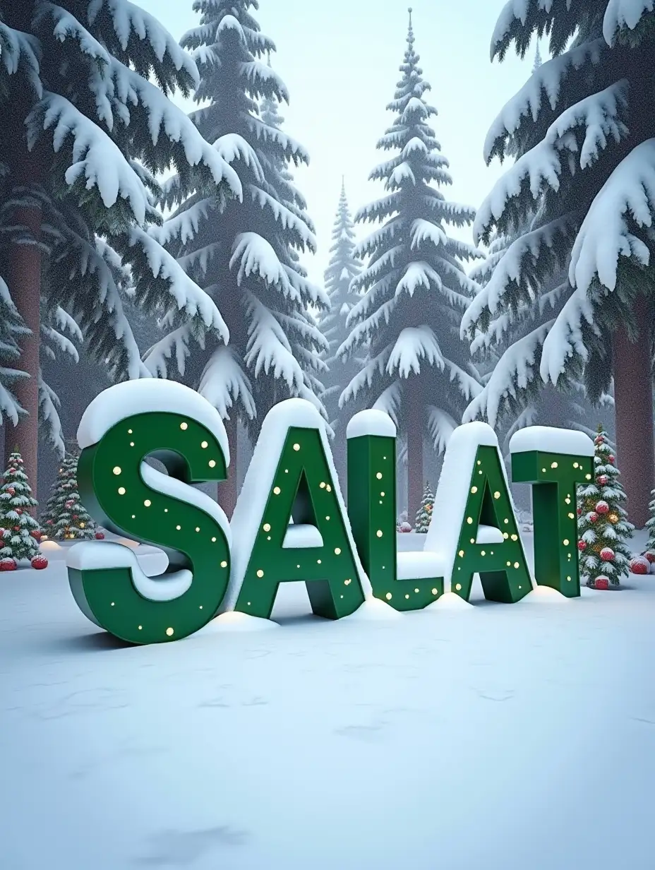 the inscription 'SALAT' is large on the snow in the winter rainforest in Sochi. Palm trees. The image is in the New Year's style. The color of the inscription is light green, there is a lot of beautiful snow around and Christmas tree toys with garlands