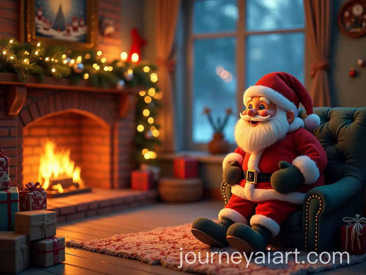 Cartoon-Santa-Claus-in-a-Christmasdecorated-Room-by-the-Fireplace