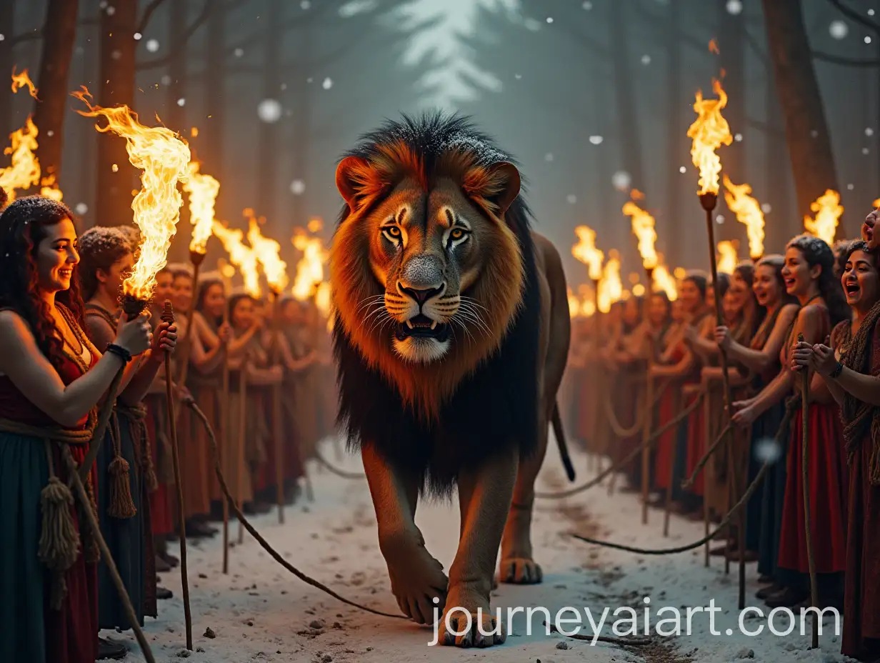 Majestic-Lion-Walking-Among-Cheering-Women-with-Torchlight-in-Moonlit-Woodland