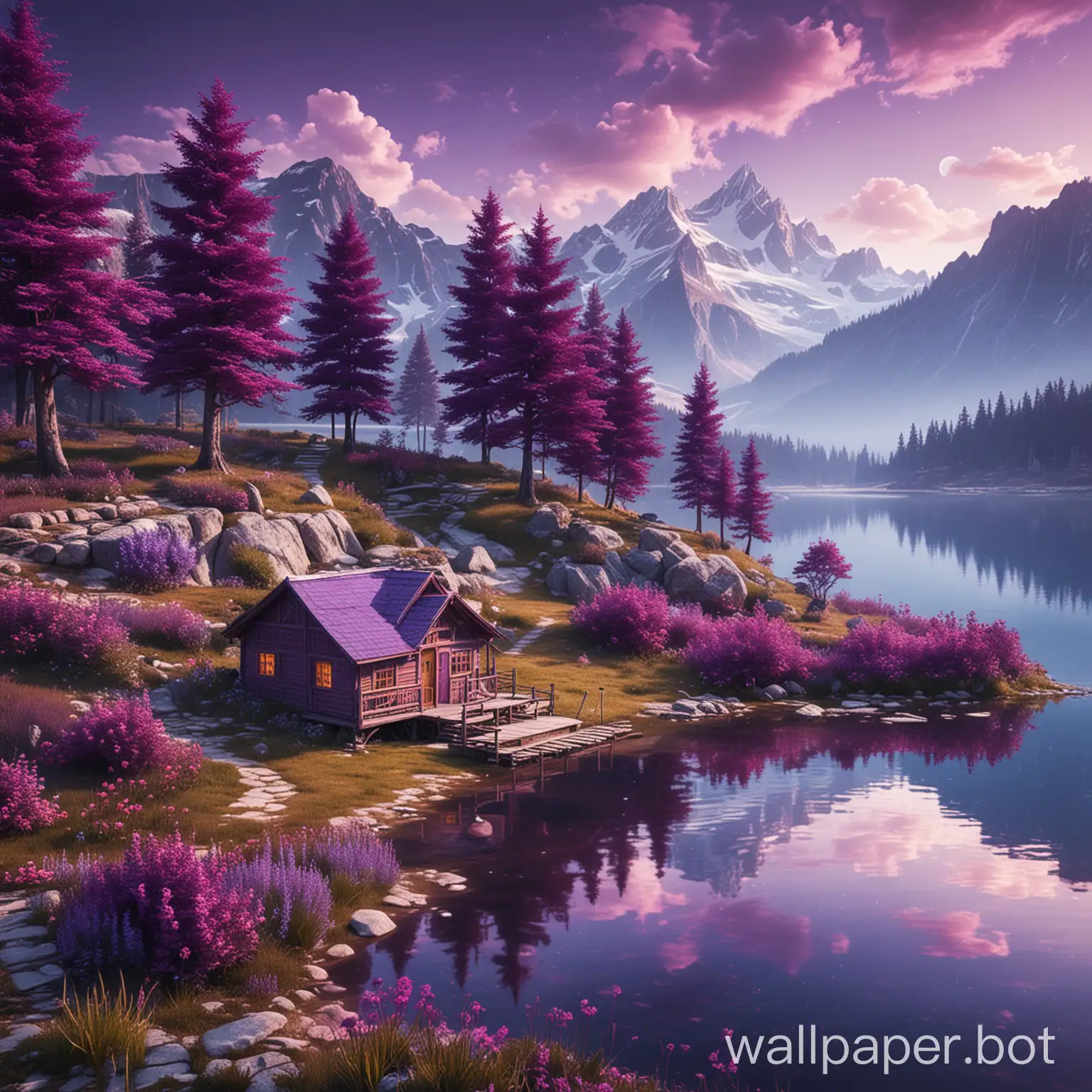 purple fantasy world with a lake and cabin