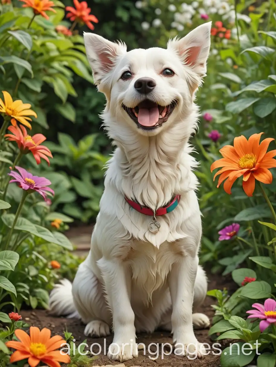 happy dog in a garden with bright colours, Coloring Page, black and white, line art, white background, Simplicity, Ample White Space