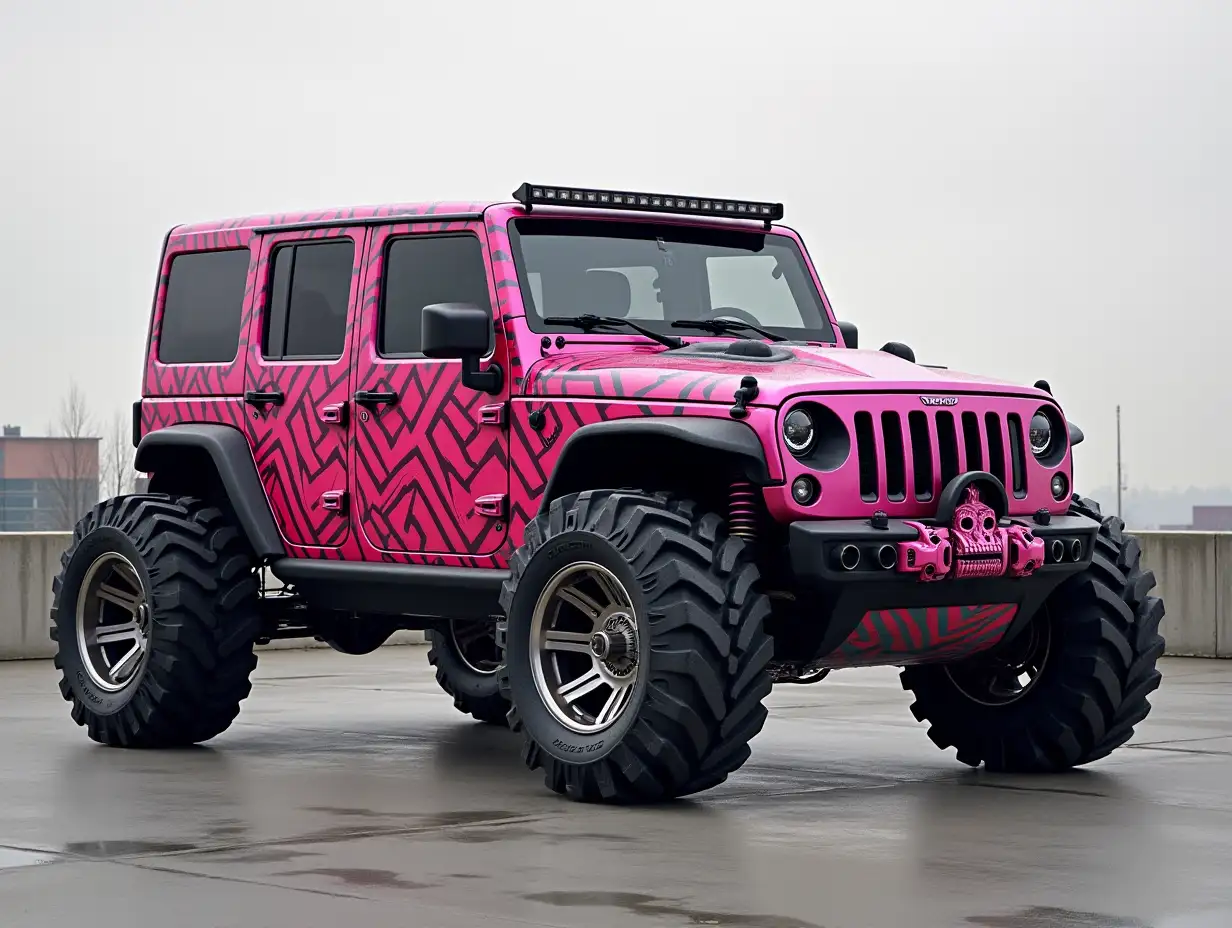 A supermodern utopian sportomnibus, with a lowered chassis featuring a skull design, aluminum wheels, wide tires, pink black zigzag pattern, Science-Fiction