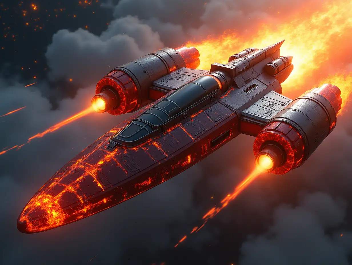 Creating a digital painting of a powerful, robust spaceship with intricate flame paint job in a spaceport scene and with photorealistic attention to detail for parts and lighting