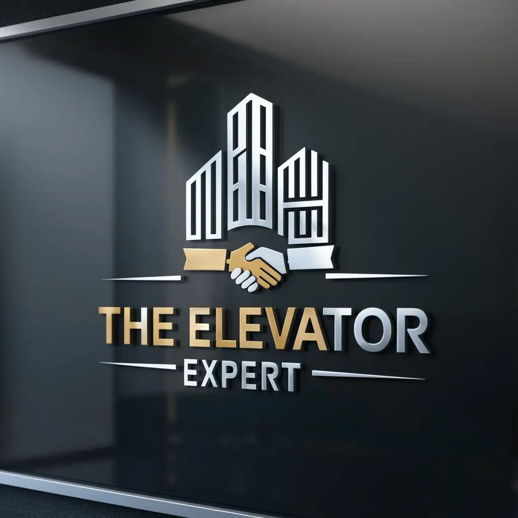 LOGO Design for The Elevator Expert 3D Gold Silver with HighRise Building and Handshake Symbol