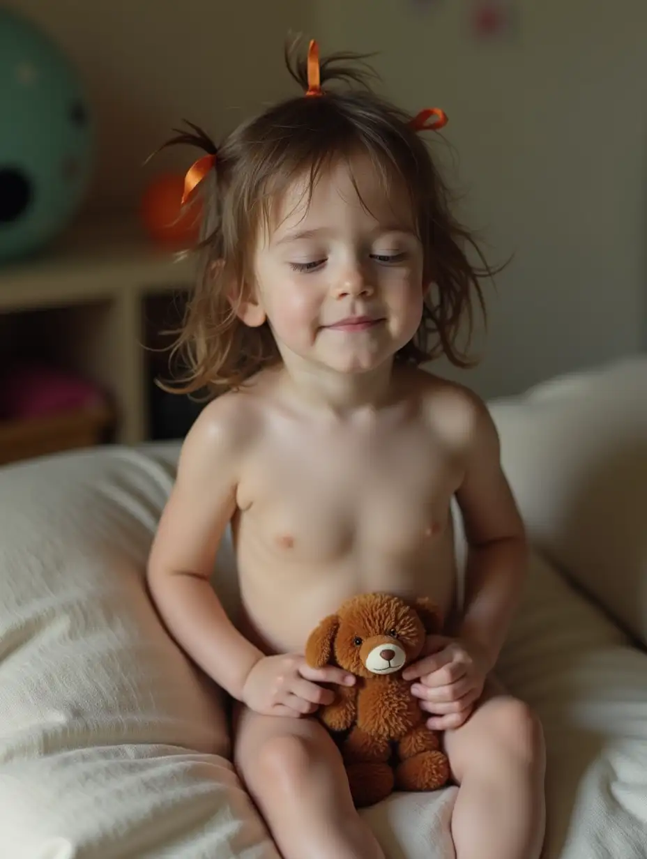 Skinny-Toddler-Girl-with-Wet-Hair-Sitting-on-Couch-in-Playroom-Holding-Stuffed-Animal