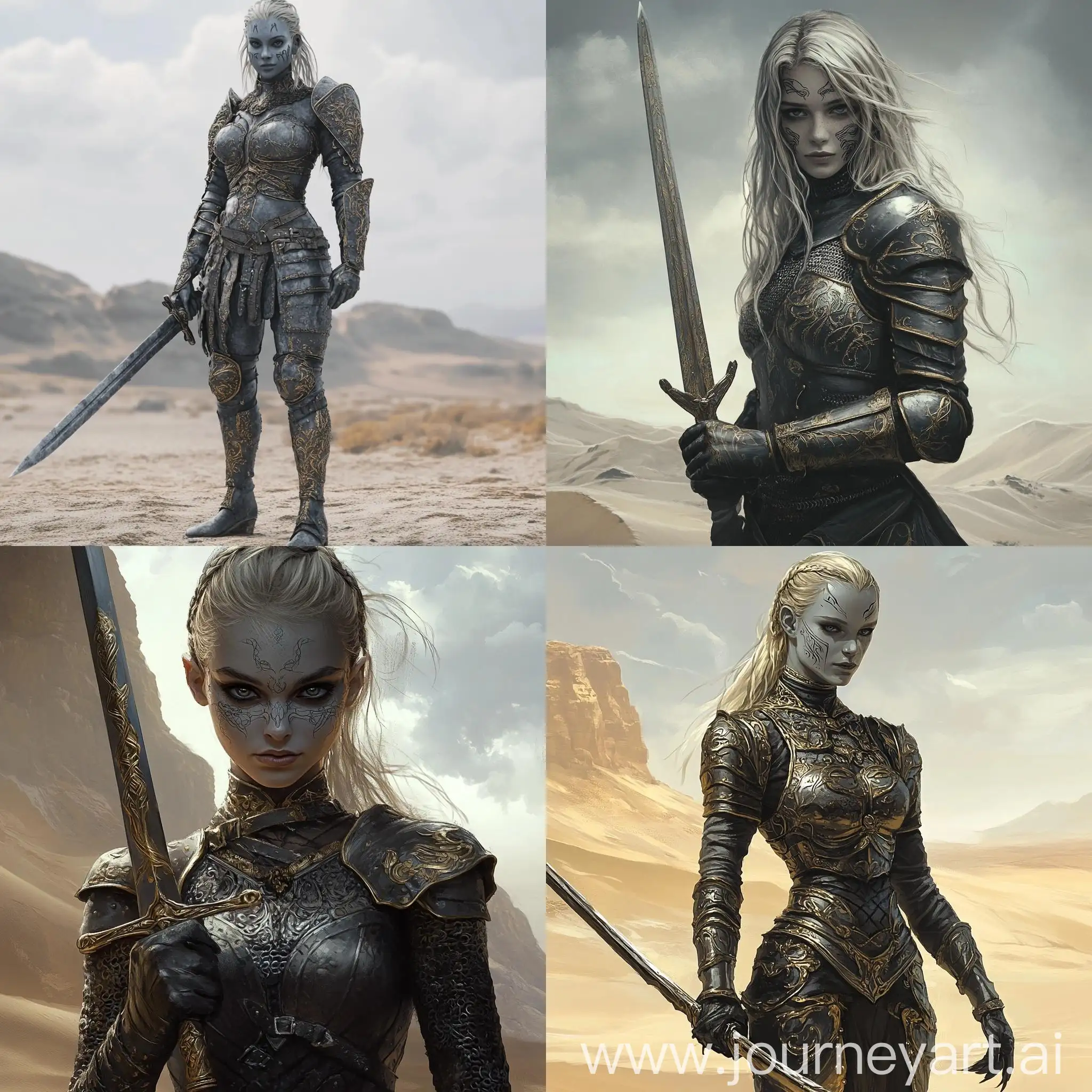 Victorian-Style-GreySkinned-Girl-with-Sword-in-Desert-Landscape