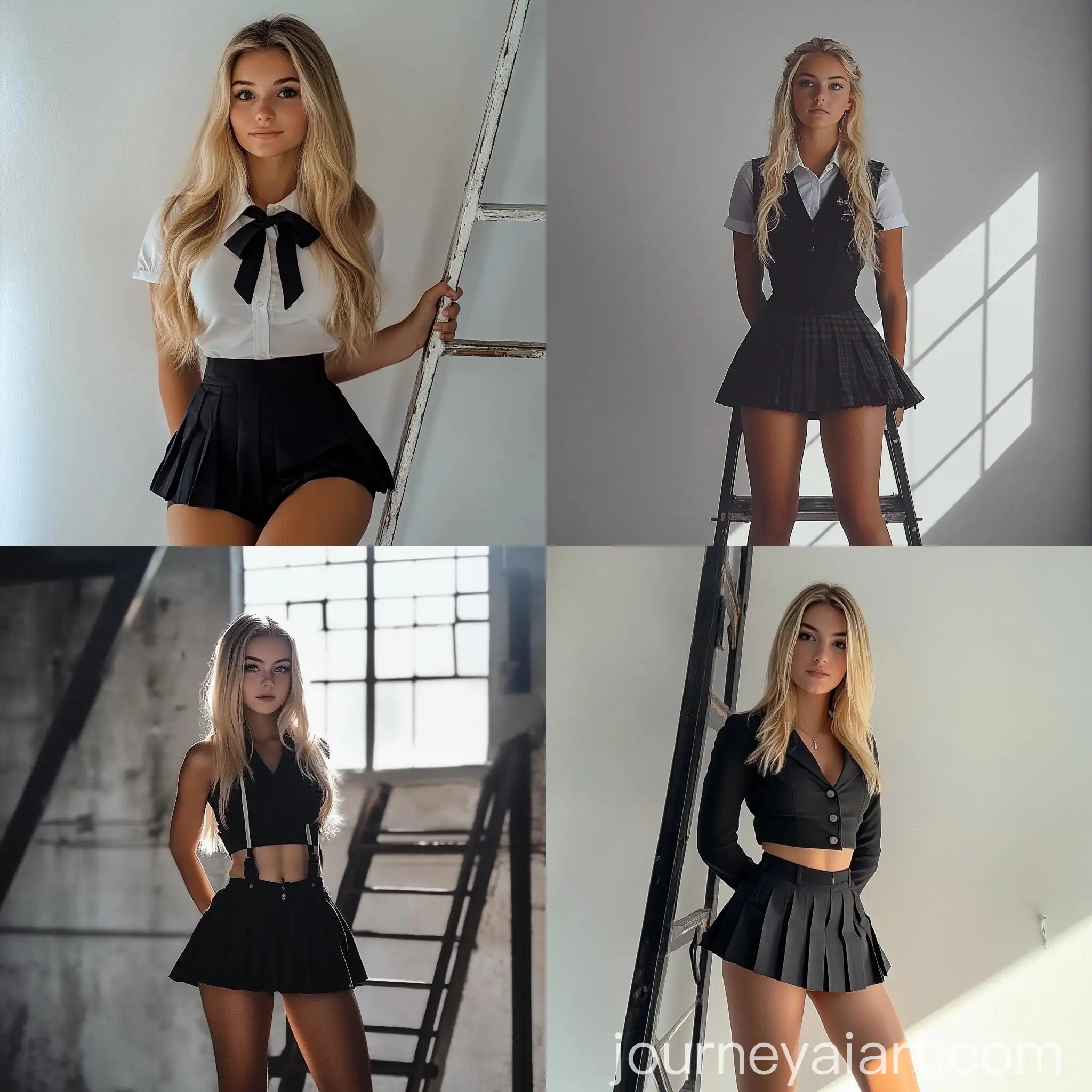 Blonde-Woman-in-School-Girl-Uniform-Posing-on-Ladder-in-Photography-Studio