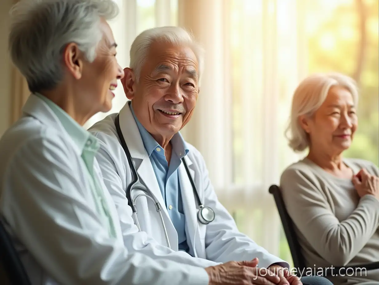 Elderly-Japanese-Doctor-Supporting-Senior-Woman-with-Chair-Yoga-Against-Sarcopenia