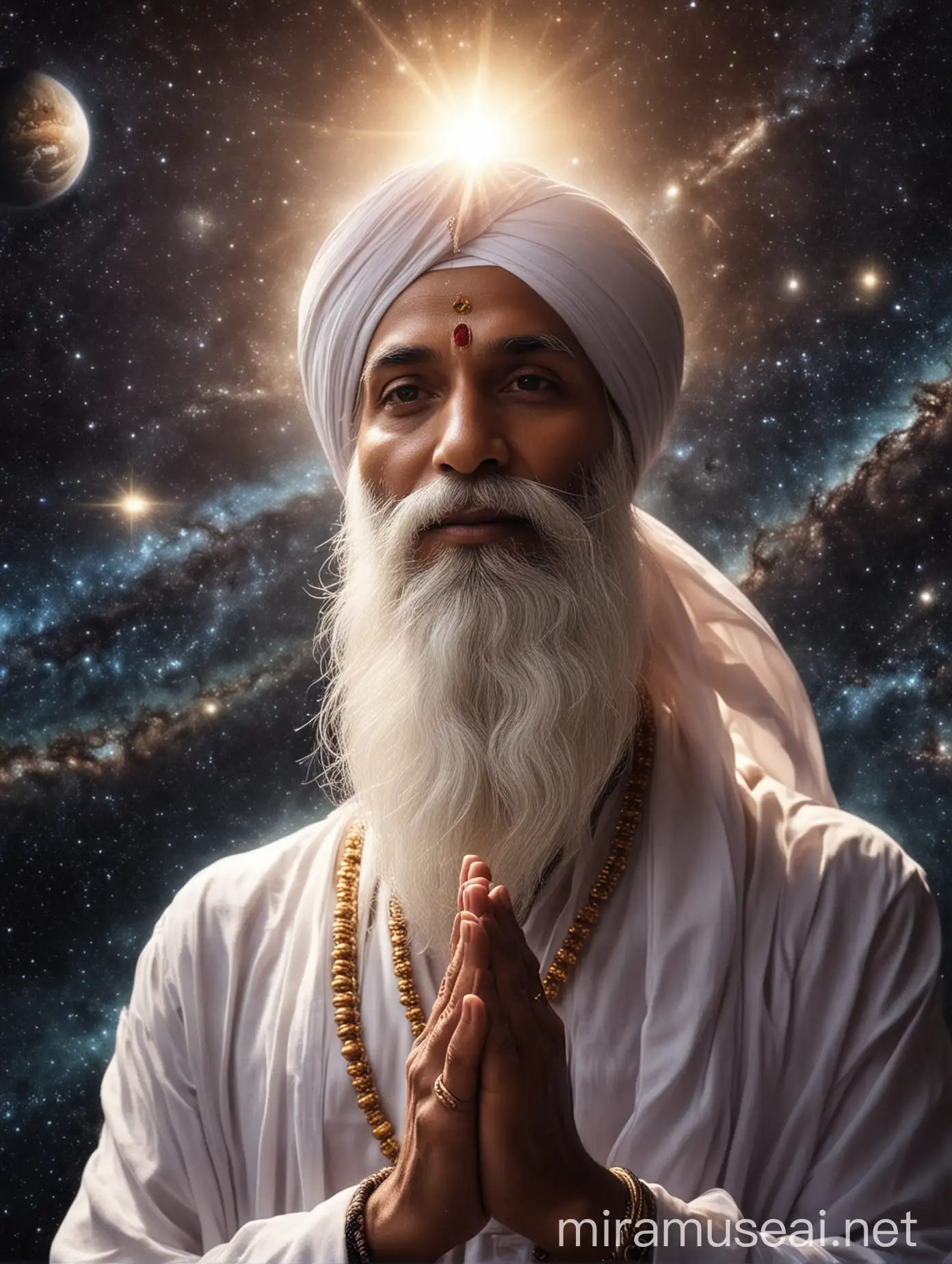 Sikh Man Communicating with Divine Light in Universe