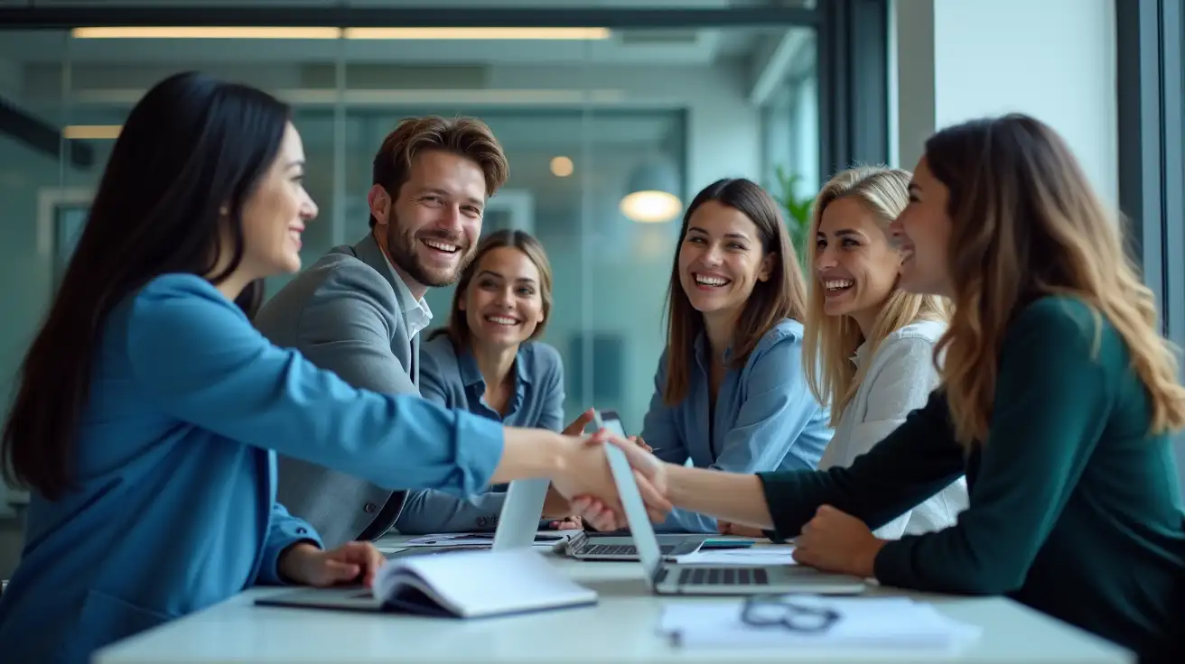 A diverse group of professionals in a modern office, smiling and shaking hands, welcoming a new team member. Cool blue tones dominate the scene, bright natural lighting, laptops and notebooks on the table, friendly and inclusive atmosphere, professional yet casual attire