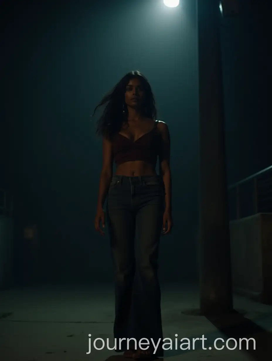 Indian-Woman-in-Spotlight-Under-Street-Pole-at-Midnight