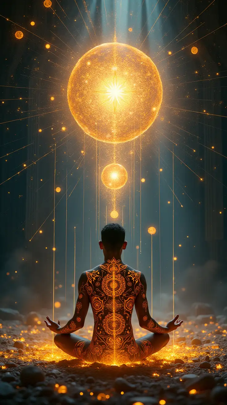 A mystical and powerful scene blending tattooing, cellular biology, and sacred ceremony. A human figure sits in ritual, their skin glowing with intricate tattoo patterns formed from sacred geometry and ancestral symbols. Around them, an ethereal field of light and energy pulses outward, connecting their body to a vast microscopic universe of cells. The cells are magnified and luminous, showing membranes with glowing receptors that receive golden signals of intention, light, and prayer. Energy streams flow from the tattoos into the cellular landscape like living currents, reprogramming memory with harmony and balance. The background merges ancient temple-like geometry with a cosmic biofield — soft golden light, deep indigo shadows, and shimmering lines of frequency. Atmosphere: mystical, ceremonial, scientific yet sacred. Style: ultra-detailed, cinematic, surreal, glowing resonance, high-contrast depth.
