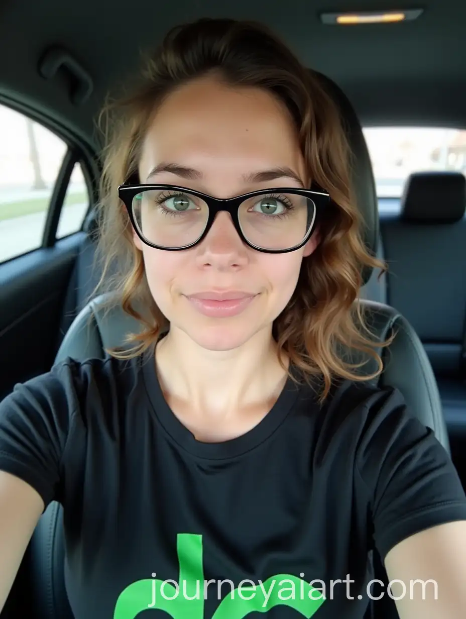 Young-Woman-Taking-a-Selfie-in-Car-with-Black-Tshirt-and-Glasses