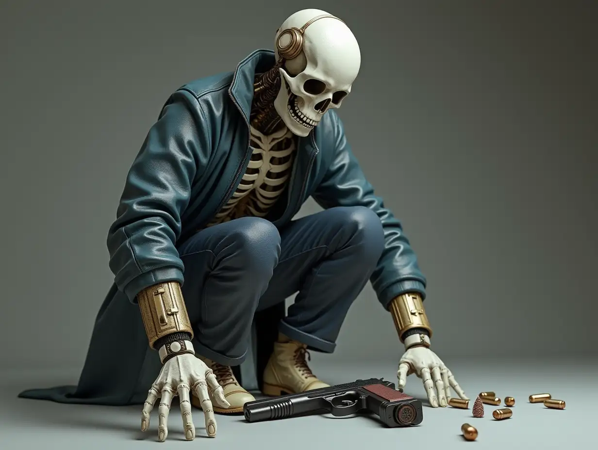 Create a high-resolution, realistic image of a robot with a skeletal body, porcelain hands and head, a stylish tracksuit, a Steampunk top hat, a pistol and ammunition on the ground in 4K resolution